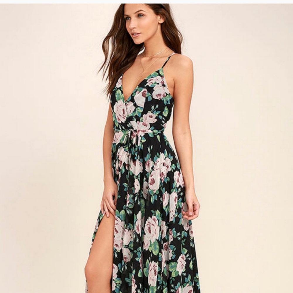 Lulu's Legendary romance black floral wrap maxi